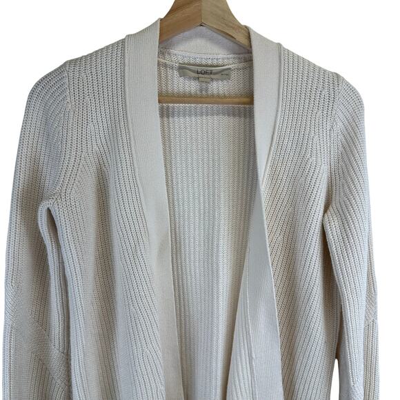 Loft Cream Tight Knit Open Relaxed Cardigan Sweater Womens XS Petite Fisherman - Picture 3 of 14
